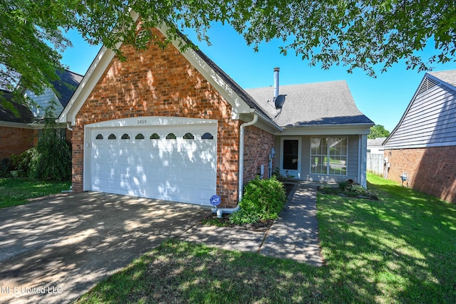 view of front of property with roof with shingles, brick siding, concrete driveway, a garage, and a front lawn