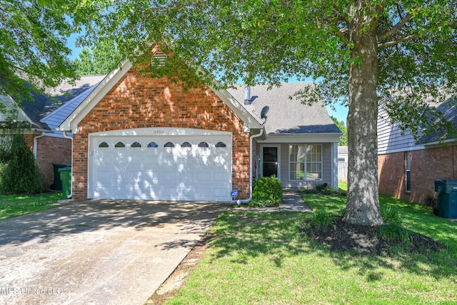 view of front of property featuring brick siding, a garage, concrete driveway, a front yard, and roof with shingles