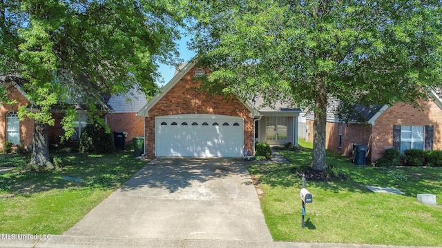 view of front facade with concrete driveway, a front lawn, brick siding, and a garage