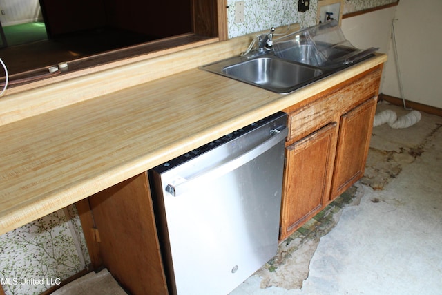 7000 Melrose Dr, Biloxi, MS 39532 - kitchen featuring dishwasher, butcher block counters, a sink, and brown cabinetry