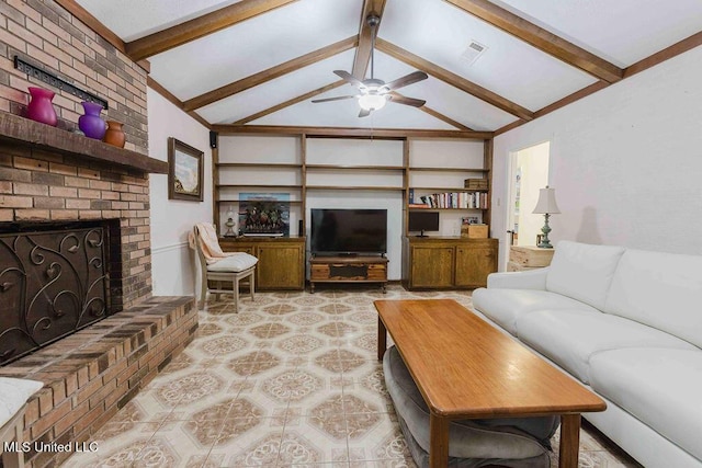 living area with visible vents, lofted ceiling with beams, a ceiling fan, and a fireplace