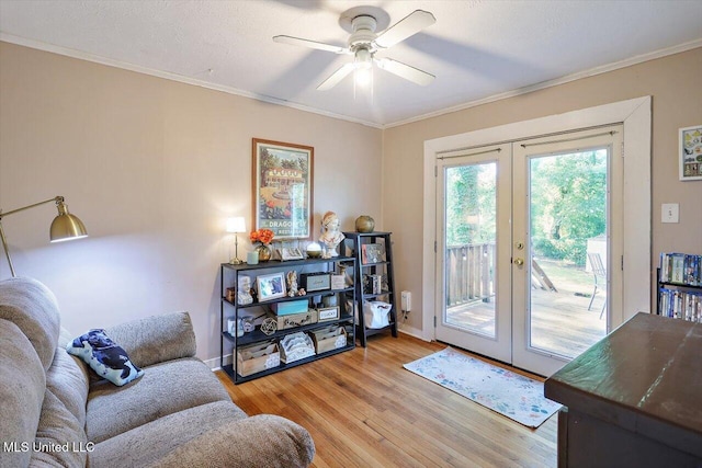 2709 Burma Dr, Pearl, MS 39208 - living room featuring french doors, a ceiling fan, light wood-style floors, and ornamental molding