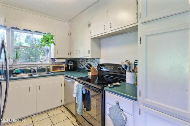 2709 Burma Dr, Pearl, MS 39208 - kitchen featuring black range with electric stovetop, crown molding, white cabinetry, stainless steel dishwasher, and tasteful backsplash
