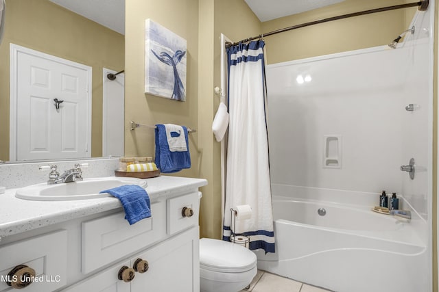 full bathroom with tile patterned flooring, vanity, toilet, and shower / bath combo with shower curtain