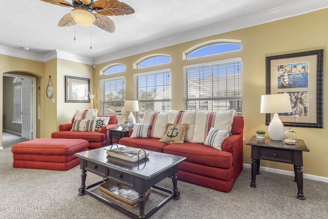 living room with ceiling fan, carpet floors, a textured ceiling, and ornamental molding