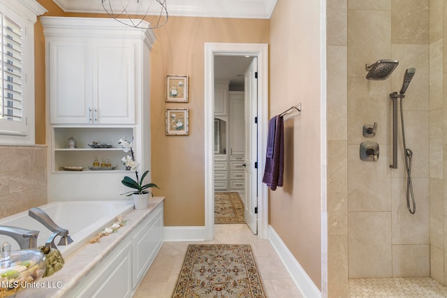 bathroom featuring separate shower and tub and tile patterned floors