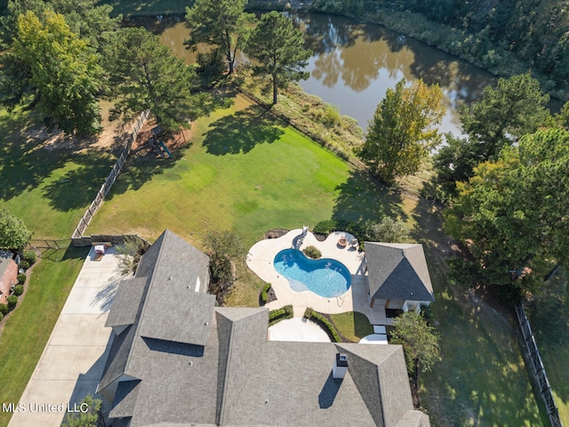 drone / aerial view with a water view