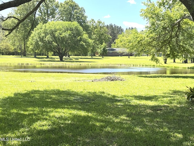 view of community with a lawn and a water view