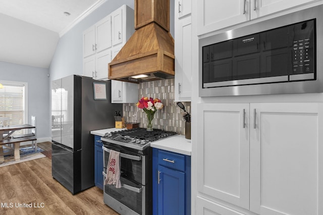 527 Pelahatchie Shore Dr, Brandon, MS 39047 - kitchen featuring appliances with stainless steel finishes, custom exhaust hood, blue cabinets, white cabinetry, and tasteful backsplash