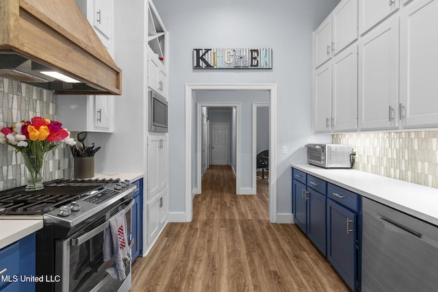 527 Pelahatchie Shore Dr, Brandon, MS 39047 - kitchen with blue cabinets, custom exhaust hood, stainless steel appliances, and tasteful backsplash