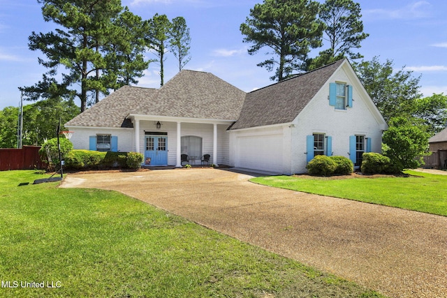 527 Pelahatchie Shore Dr, Brandon, MS 39047 - view of front of property with a shingled roof, brick siding, concrete driveway, a garage, and french doors