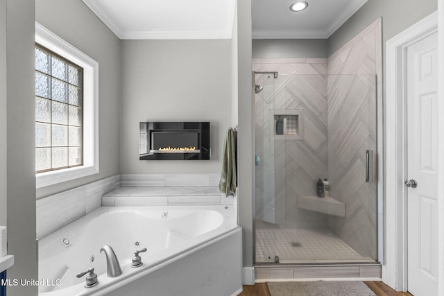 527 Pelahatchie Shore Dr, Brandon, MS 39047 - full bathroom with crown molding, a tub with jets, a shower stall, a lit fireplace, and recessed lighting