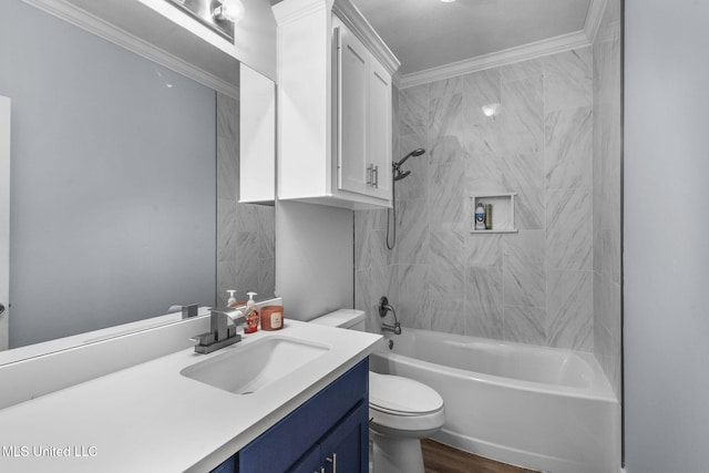527 Pelahatchie Shore Dr, Brandon, MS 39047 - full bath featuring vanity, toilet, shower / tub combination, ornamental molding, and wood finished floors