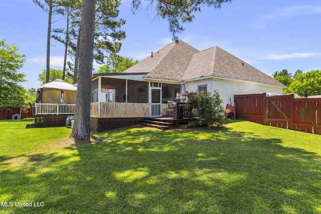 527 Pelahatchie Shore Dr, Brandon, MS 39047 - rear view of house with a sunroom, roof with shingles, a deck, and a gate