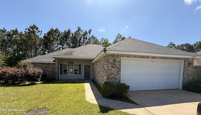 single story home featuring driveway, a garage, brick siding, a front lawn, and a shingled roof