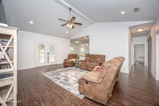 living area with visible vents, beam ceiling, baseboards, ceiling fan, and dark wood-style flooring