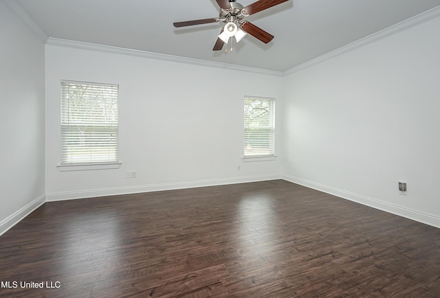 unfurnished room with baseboards, crown molding, a ceiling fan, and dark wood-style flooring