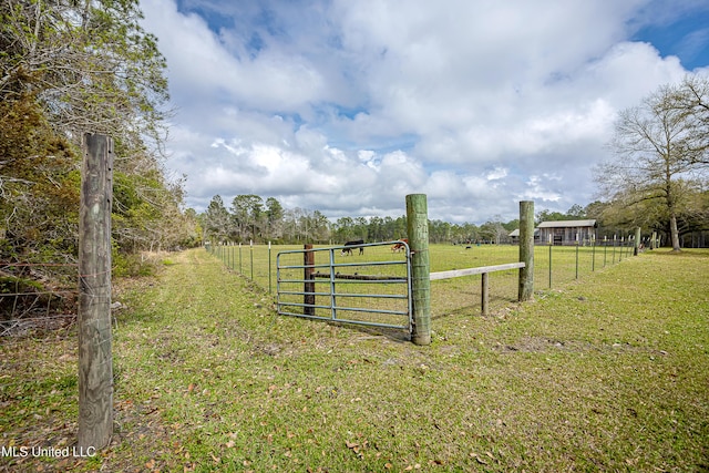 view of yard featuring fence, a rural view, and a gate