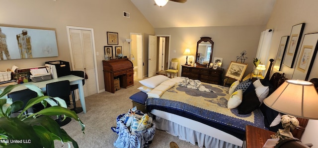 bedroom with light carpet, high vaulted ceiling, and ceiling fan