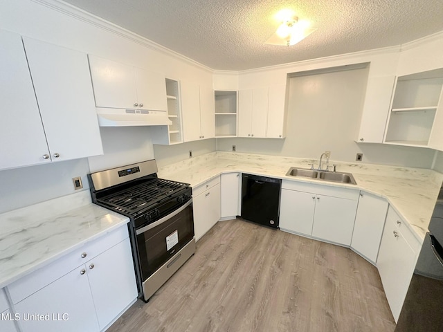 114 Leland St, Pearl, MS 39208 - kitchen with a sink, black dishwasher, stainless steel range with gas stovetop, open shelves, and under cabinet range hood