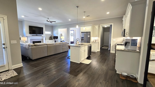 331 Emerald Way, Brandon, MS 39047 - kitchen featuring stainless steel appliances, open floor plan, a sink, crown molding, and ceiling fan