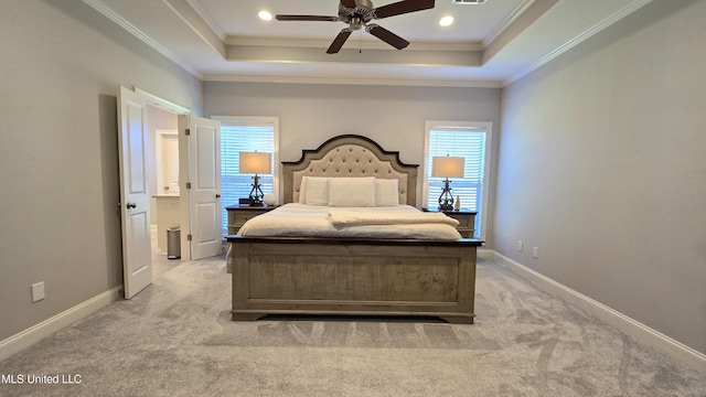 331 Emerald Way, Brandon, MS 39047 - bedroom with a raised ceiling, light carpet, ornamental molding, baseboards, and ceiling fan