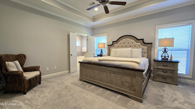 331 Emerald Way, Brandon, MS 39047 - bedroom featuring ornamental molding, light carpet, a raised ceiling, baseboards, and a ceiling fan