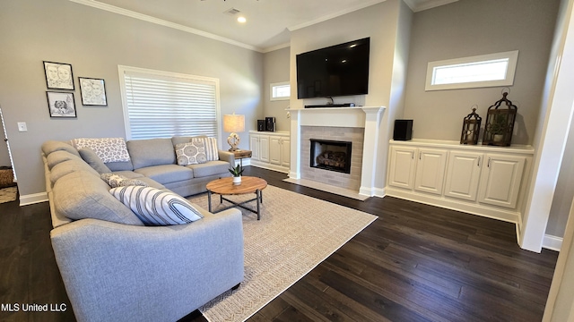 331 Emerald Way, Brandon, MS 39047 - living room with ornamental molding, a fireplace with flush hearth, dark wood-style flooring, baseboards, and recessed lighting