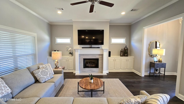 331 Emerald Way, Brandon, MS 39047 - living room featuring ceiling fan, dark wood-style flooring, healthy amount of natural light, a fireplace, and recessed lighting