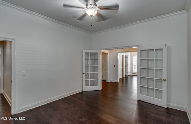 empty room with ornamental molding, french doors, dark hardwood / wood-style floors, and ceiling fan