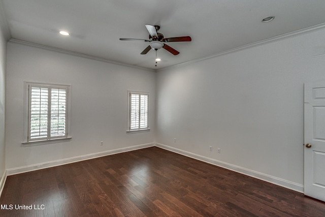 spare room with crown molding, ceiling fan, and dark hardwood / wood-style flooring