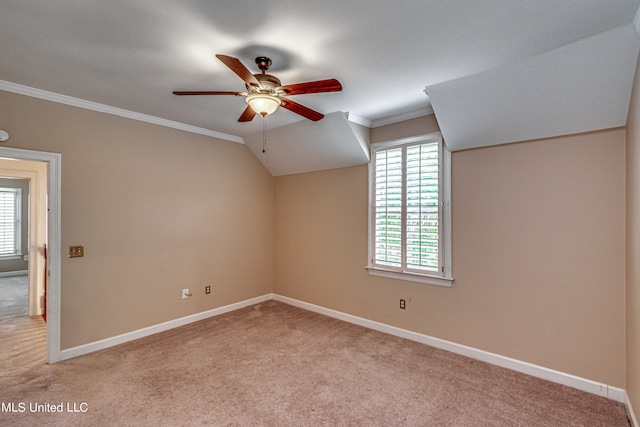 bonus room featuring ceiling fan, lofted ceiling, and light colored carpet