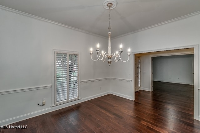 unfurnished dining area with crown molding, a chandelier, and dark hardwood / wood-style flooring