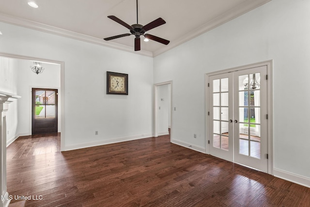125 Rhodes Ln, Canton, MS 39046 - unfurnished living room with french doors, crown molding, a ceiling fan, dark wood finished floors, and baseboards