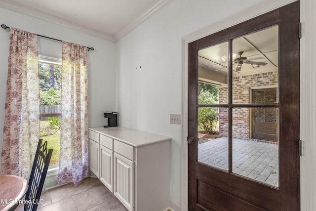 125 Rhodes Ln, Canton, MS 39046 - entryway featuring ceiling fan, ornamental molding, and light tile patterned floors