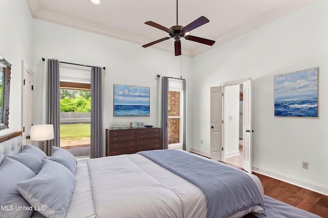 125 Rhodes Ln, Canton, MS 39046 - bedroom with wood finished floors, access to outside, baseboards, ceiling fan, and crown molding
