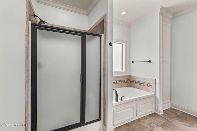 125 Rhodes Ln, Canton, MS 39046 - bathroom featuring crown molding, a shower stall, and a bath