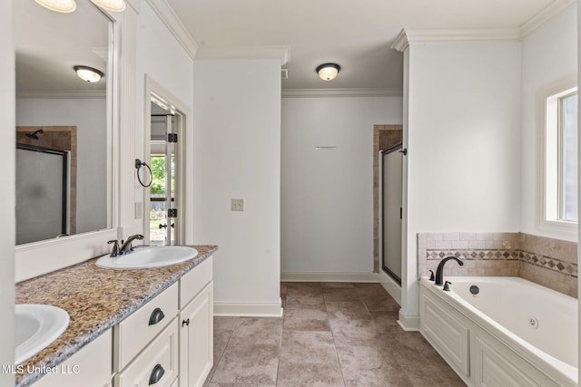 125 Rhodes Ln, Canton, MS 39046 - full bathroom with plenty of natural light, a stall shower, a whirlpool tub, double vanity, and crown molding
