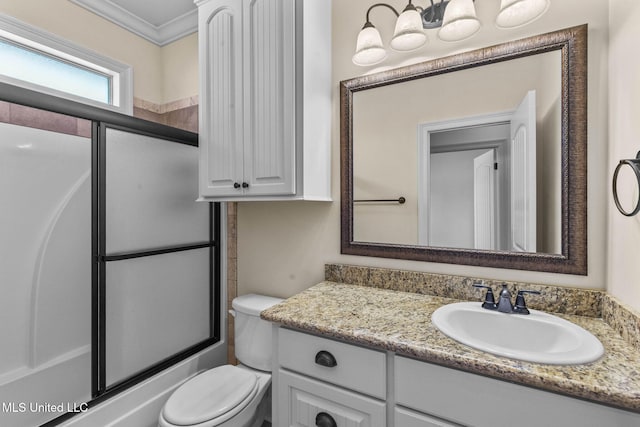 125 Rhodes Ln, Canton, MS 39046 - bathroom with toilet, vanity, enclosed tub / shower combo, and crown molding