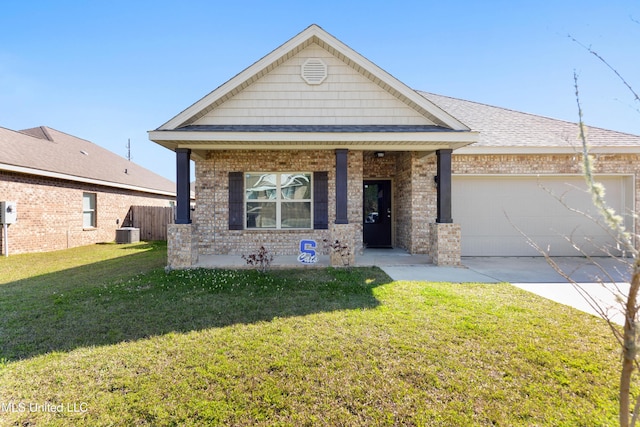 view of front facade featuring driveway, a garage, a front yard, central AC, and brick siding