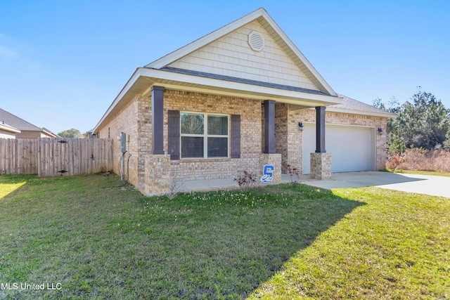 view of front facade with an attached garage, brick siding, fence, driveway, and a front lawn