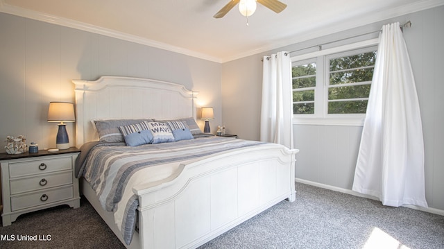 bedroom featuring crown molding, ceiling fan, and dark colored carpet