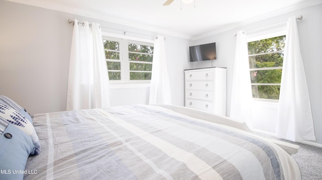 bedroom with ceiling fan, ornamental molding, and carpet