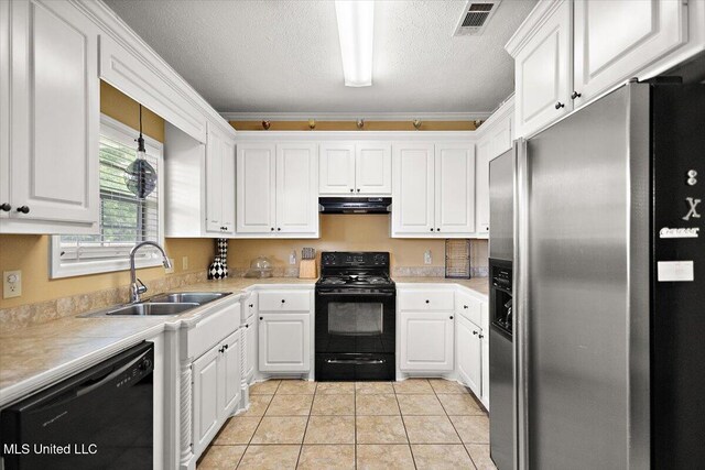 602 Oakview Way, Byram, MS 39272 - kitchen with black appliances, under cabinet range hood, a sink, white cabinets, and a textured ceiling