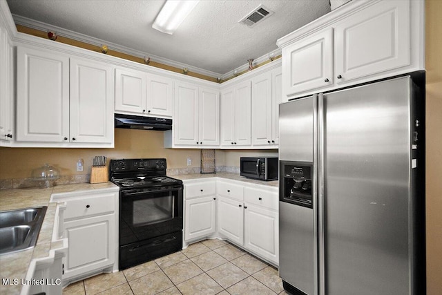 602 Oakview Way, Byram, MS 39272 - kitchen featuring stainless steel refrigerator with ice dispenser, black electric range oven, under cabinet range hood, white cabinetry, and a textured ceiling