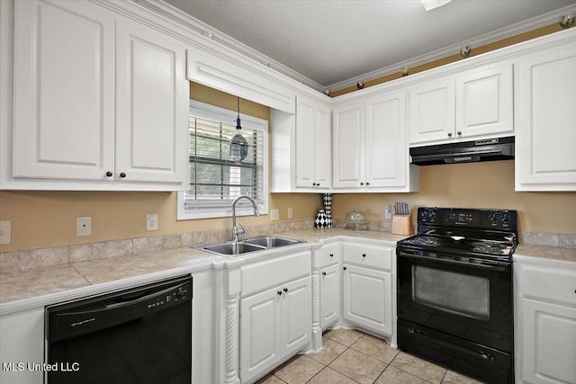 602 Oakview Way, Byram, MS 39272 - kitchen with under cabinet range hood, black appliances, a sink, white cabinets, and light tile patterned flooring