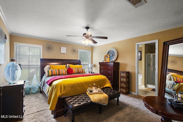 602 Oakview Way, Byram, MS 39272 - carpeted bedroom with ornamental molding, ceiling fan, and ensuite bath