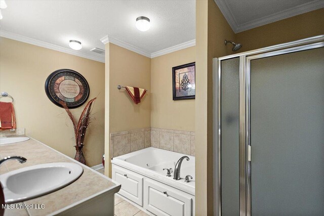 602 Oakview Way, Byram, MS 39272 - full bath with a stall shower, a tub with jets, double vanity, ornamental molding, and tile patterned floors