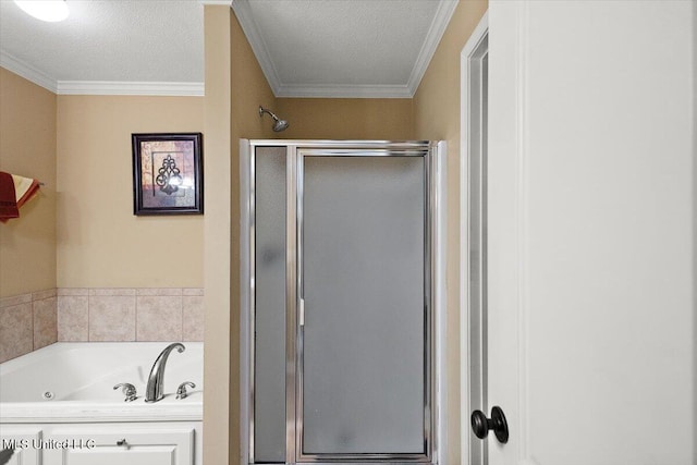 602 Oakview Way, Byram, MS 39272 - full bathroom featuring a stall shower, a tub with jets, ornamental molding, and a textured ceiling