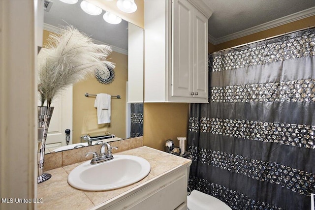 602 Oakview Way, Byram, MS 39272 - bathroom with crown molding, vanity, toilet, and a shower with curtain